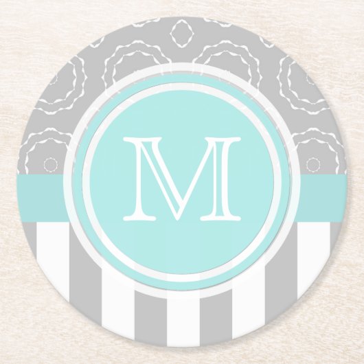 Cyaan, grijs en witte motif, gesneden monogram Ond Ronde Kartonnen Onderzetter (Voorkant)