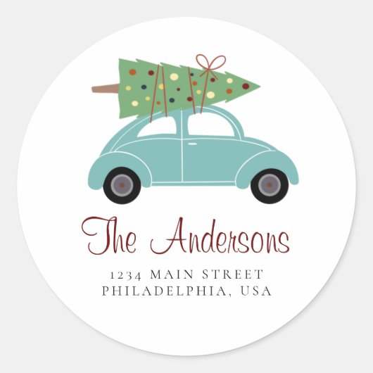 Cyaan Holiday Car met kerstboomadres Ronde Sticker (Voorkant)