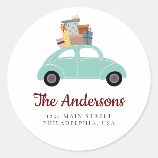 Cyaan Holiday Car met Stack of Gifts Address Ronde Sticker (Voorkant)