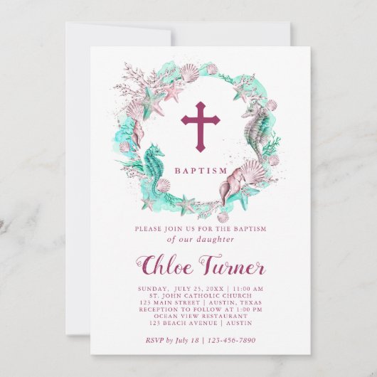 Cyaan & Lavendel Onder het Zee Krans Doop Kaart (Voorkant)