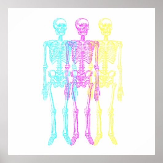Cyaan Magenta Yellow Letterpress Skeletten Poster (Voorkant)