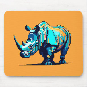 Cyaan Oranje Pixel Art Neushoorn Retro Gamer Muismat
