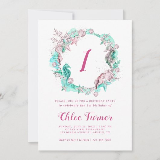 Cyaan & Roze Pastel Onder het Zee Eerste Verjaarda Kaart (Voorkant)