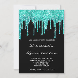 Cyaan Teal Glitter Druppels Zwart Quinceañera Kaart