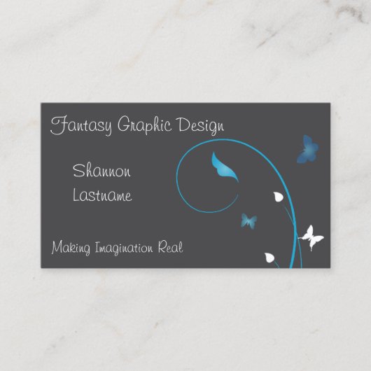 Cyaan vlinders en bladeren op grijs visitekaartje (Voorkant)