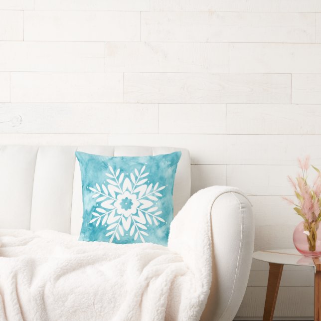 Cyaan Waterverf Sneeuwvlok Kussen (Bank)
