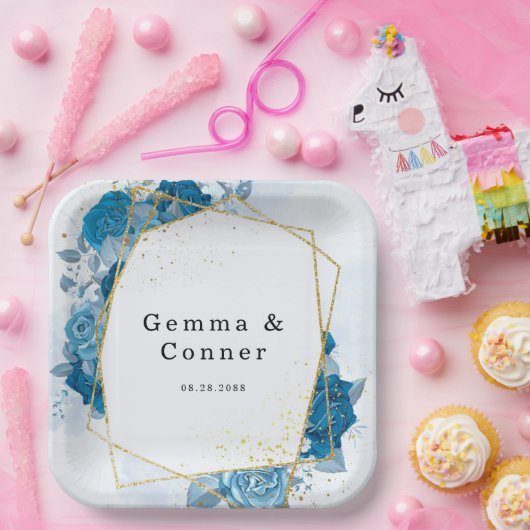 Cyaanblauwe Rustieke Geometrische Bloemige Bruilof Papieren Bordje (Feest)