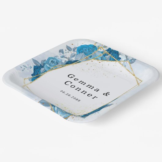 Cyaanblauwe Rustieke Geometrische Bloemige Bruilof Papieren Bordje (Gebogen)