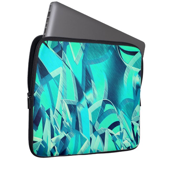 Cyaansporen met drijfveren op aquamarinedrager laptop sleeve (Voorkant Rechts)