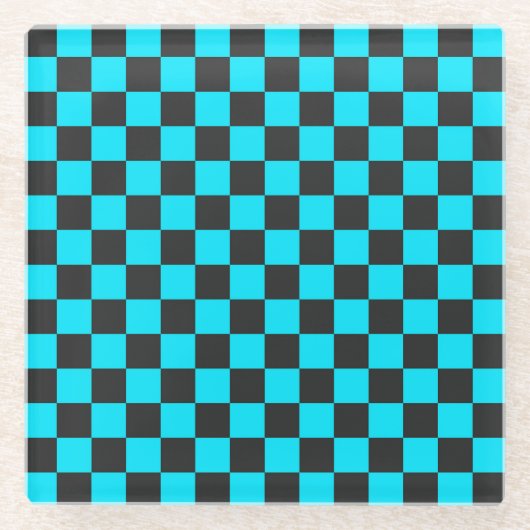 Cyan and charcoal checkerboard pattern glazen onderzetter (Voorkant)