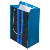 Cyan Blauwe Koolstofvezel Stijl Racing Strepen Medium Cadeauzakje (Voorkant Gekanteld)