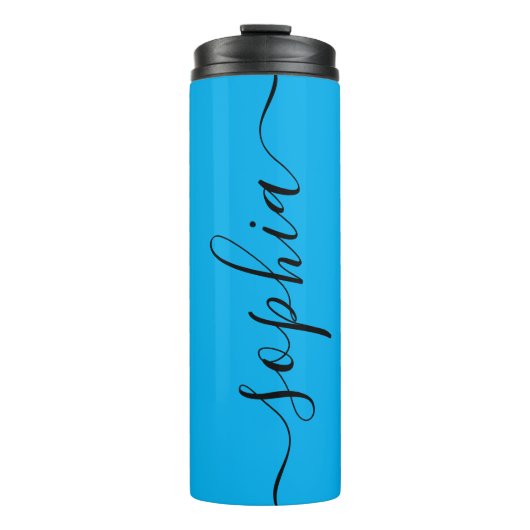 Cyan Blauwe Zwarte Script Custom Thermische Tumble Thermosbeker (Voorkant)