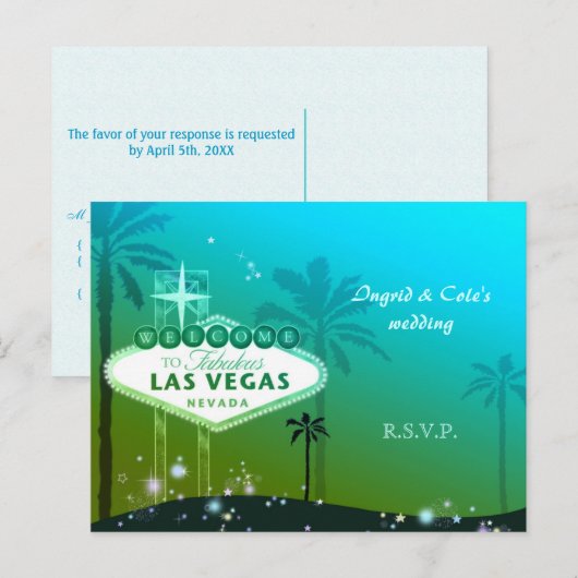 Cyan Blue Las Vegas Wedding RSVP Uitnodiging Briefkaart (Voorkant / Achterkant)