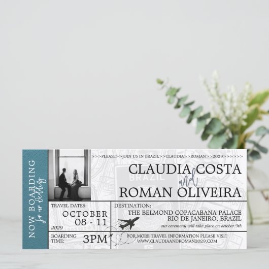 Cyan Brazilië Bruiloft Boarding Pass Uitnodiging (Staand voorkant)