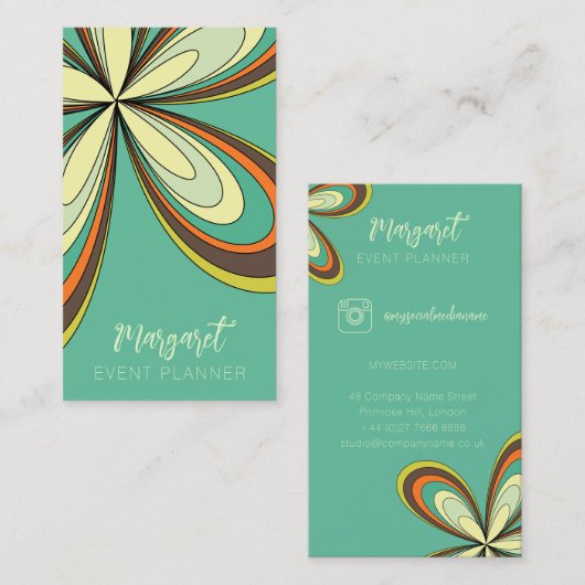 Cyan Daisy Event Planner Groovy 70s Hippie Flower Visitekaartje (Voorkant / Achterkant)