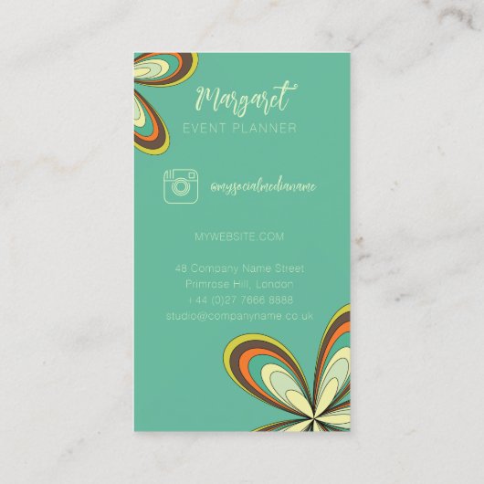 Cyan Daisy Event Planner Groovy 70s Hippie Flower Visitekaartje (Achterkant)