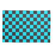 Cyan en houtskool schaakbordpatroon kussensloop (Achterkant-Links)