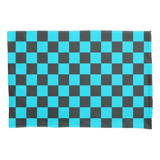 Cyan en houtskool schaakbordpatroon kussensloop (Voorkant-Links)