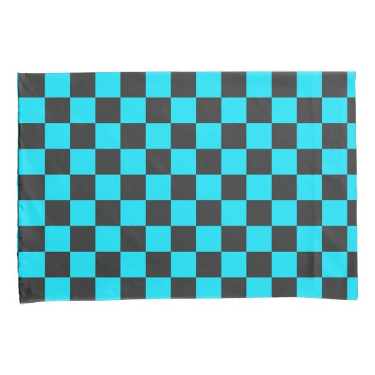 Cyan en houtskool schaakbordpatroon kussensloop (Voorkant-Rechts)