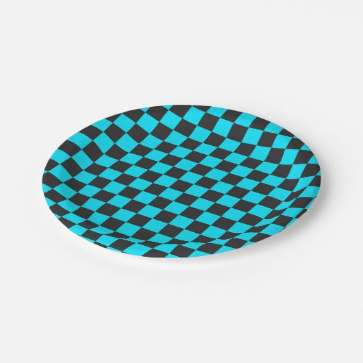 Cyan en houtskool schaakbordpatroon papieren bordje (Gekanteld)