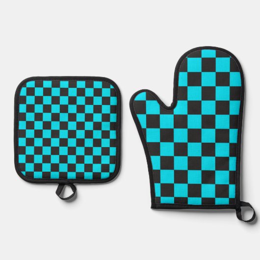 Cyan en zwart schaakbordpatroon ovenwant & pannenlap set (Voorkant)