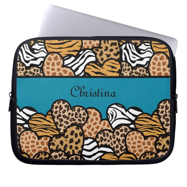Cyan Girly print harten met een naam Laptop Sleeve (Voorkant)