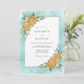 Cyan Gouden Dahlia Bruiloft Kaart (Staand voorkant)