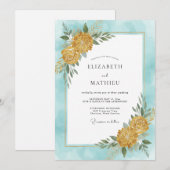 Cyan Gouden Dahlia Bruiloft Kaart (Voorkant / Achterkant)