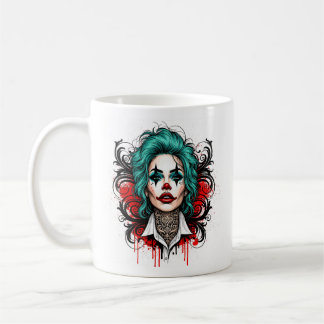 Cyan Haired Clown Queen - Spooky Chic Design Koffiemok