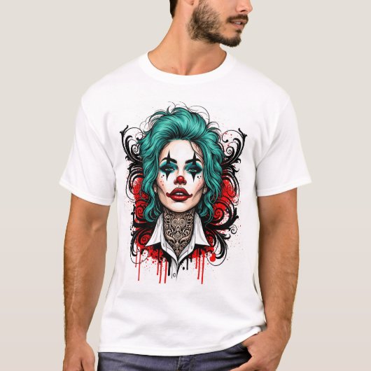 Cyan Haired Clown Queen - Spooky Chic Graphic T-shirt (Voorkant)