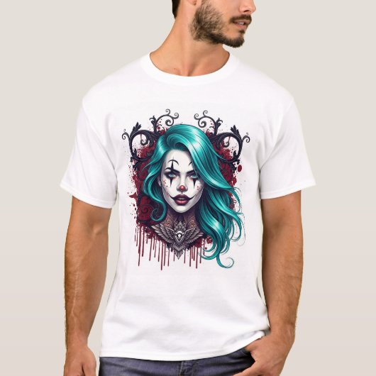 Cyan Haired Clown Queen - Spooky Chic Graphic T-shirt (Voorkant)