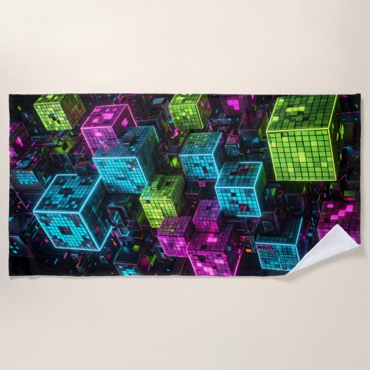 Cyan Magenta Lime Cyberpunk | Extreem 3D Strandlaken (Voorkant)