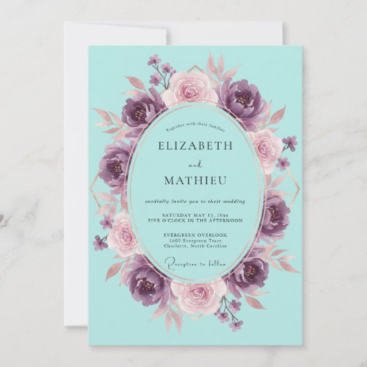 Cyan Mauve Krans Bruiloft Kaart (Voorkant)