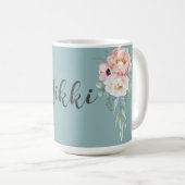 Cyan Mint Green Waterverf Floral Custom Coffee Mu Koffiemok (Voorkant rechts)