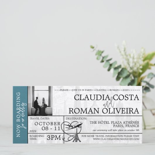 Cyan Paris bruiloft instapkaart uitnodiging (Staand voorkant)