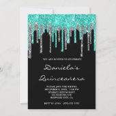 Cyan Silver Glitter schrijft zwart Quinceañera Kaart (Voorkant)
