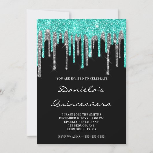 Cyan Silver Glitter schrijft zwart Quinceañera Kaart (Voorkant)