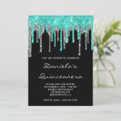 Cyan Silver Glitter schrijft zwart Quinceañera Kaart (Staand voorkant)