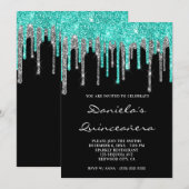 Cyan Silver Glitter schrijft zwart Quinceañera Kaart (Voorkant / Achterkant)