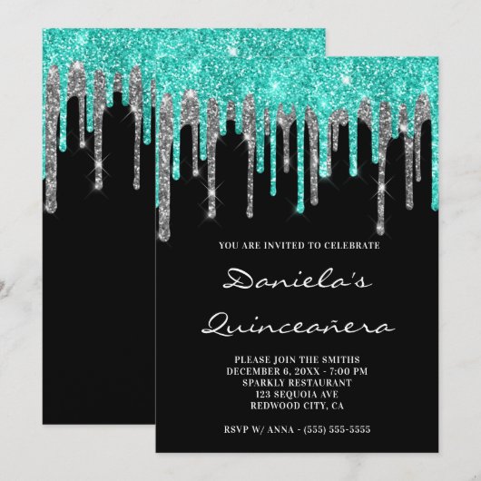 Cyan Silver Glitter schrijft zwart Quinceañera Kaart (Voorkant / Achterkant)