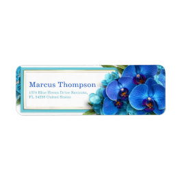 Cyan Tropical Botanical Orchid Return Address Etiket