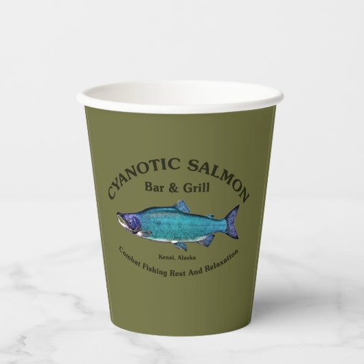 Cyanotische Zalm Bar & Grill Paper Cups Papieren Bekers (Voorkant)