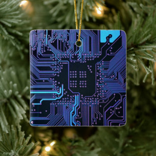 Cyber Blue PCB Printplaat Spoorpatroon Kunst Keramisch Ornament