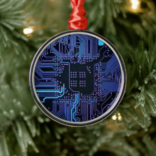 Cyber Blue PCB Printplaat Spoorpatroon Kunst Metalen Ornament