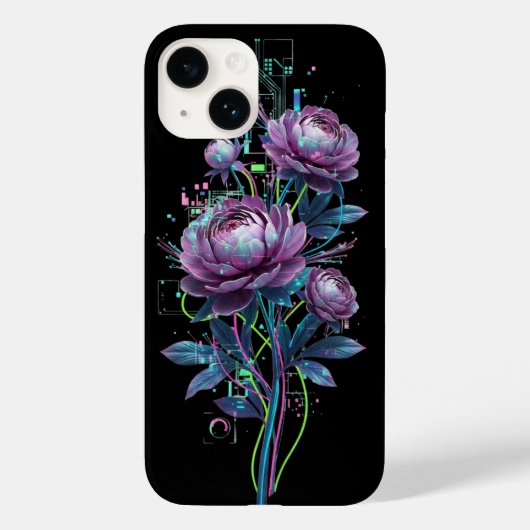 Cyber Botanical Neon Flowers Holographic Circuit  Case-Mate iPhone Case (Achterkant)