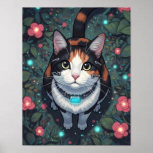 Cyber Cat Bloom Floral cybernetic feline Poster