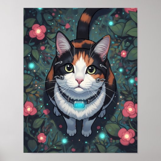 Cyber Cat Bloom | Floral cybernetic feline Poster (Voorkant)