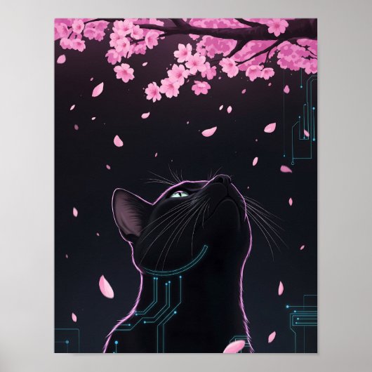 Cyber Cat Blossom Gaze | Noir Futuristic Feline Poster (Voorkant)