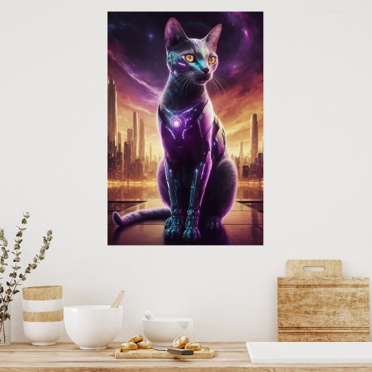 Cyber Cat Poster – futuristische Sci-Fi Feline Wal (Keuken)