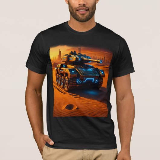 Cyber Desert Tank Tee – Futuristic Armor in Sunset (Voorkant)